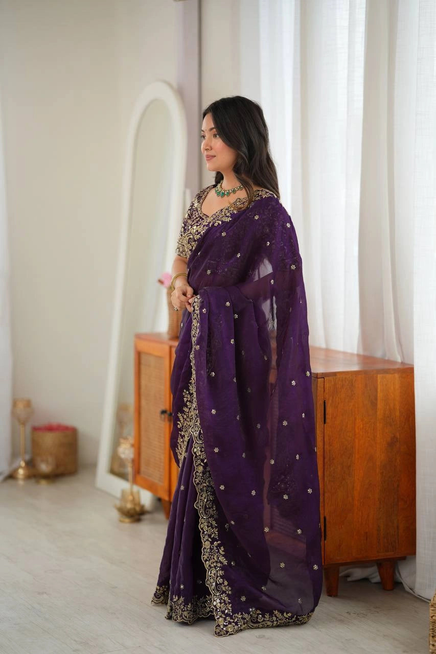 Dark Purple fendy silk saree front pleats view